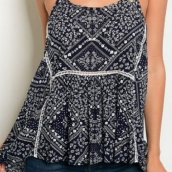 SARA Boho Navy Bandana Print & White Ladder Lace Tank Top Size Small LAST 1 NWT - Picture 5 of 8